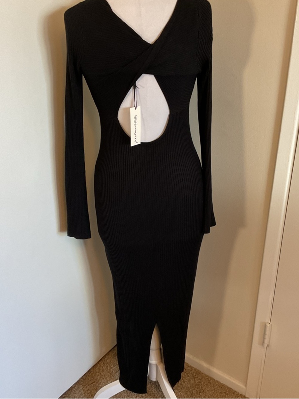 NWT Freshman 1996 Black Ribbed Knit Midi Dress Long Sleeve Scoop Neck Size Small - Picture 5 of 5